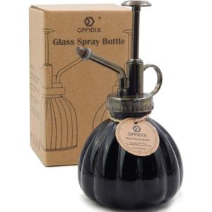 OFFIDIX Plant Mister Flower Watering Can, 6.3" Tall Vintage Pumpkin Style Black Color Glass Spray Bottle & Bronze Plastic Top Pump Ideal for Watering Small Plants Inside Home or Office