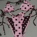Women Sexy 2 Piece Bikini Set Polka Dot Halter String Tie Side Cheeky Swimsuit Bathing Suit Pink Brown Dots M