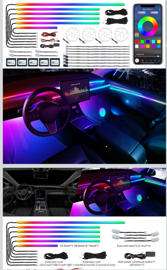 Dreamcolor Acrylic Interior Car LED Strip Light with Wireless APP, RGB 22 in 1 with 175 inches 600 LEDs Fiber Optic Car Ambient Lighting Kits, Dual Zone Sound Active Function LED Strip for Car