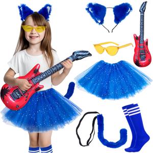 6 Pcs Girls Blue Cat Costume Accessories Set- Include Fluffy Cat Ears Headband & Tails with Cartoon Character Role Play Supplies, Halloween Kitty Cat Cosplay Kits Read Book Day Dress Up ( Blue )