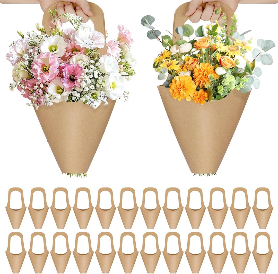 50Pcs Flower Bags for Bouquets, Floral Bouquet Holders with Handle, Flowers Sleeves for Boquet , Floral Kraft Paper Bags 13.8" x 7.5" - Sturdy Flower Wrapping Bag for Valentine's Day, Wedding, Birthday