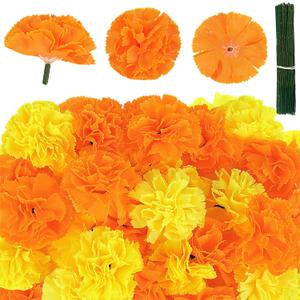 JarThenaAMCS 100Pcs Artificial Marigold Flowers 2 Inch Fake Marigolds with Stems for Indian Dia De Los Muertos Diwali Home Decor Day of The Dead Decorations (Orange and Yellow)