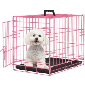 FDW Dog Crate for Small Dogs 18 Inch Folding Metal Wire Pet Cage Single Door W/Divider Panel Indoor Outdoor Kennel Leak-Proof Plastic Tray,Pink