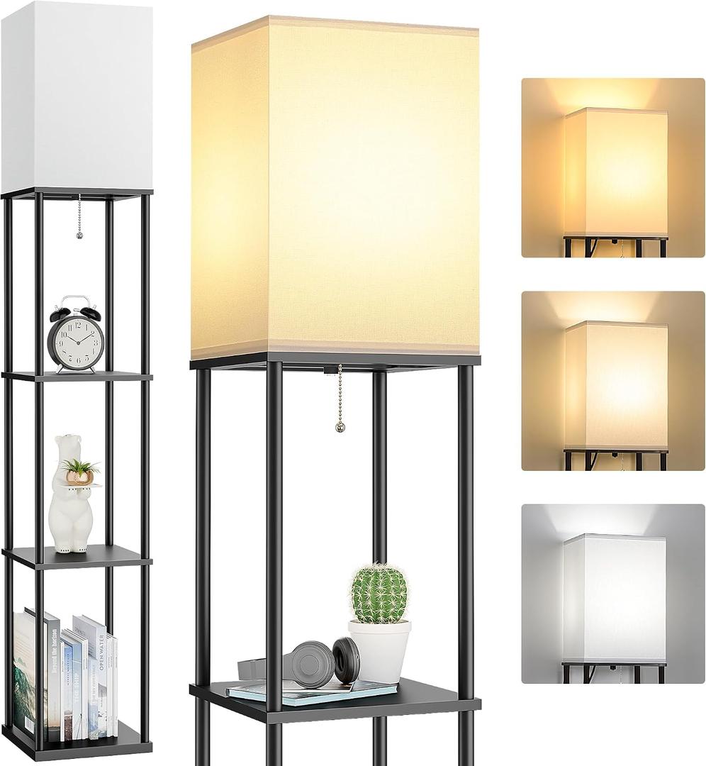 Floor Lamp with Shelves, 3-Tier Modern Square Bookshelf Standing Lamp Black