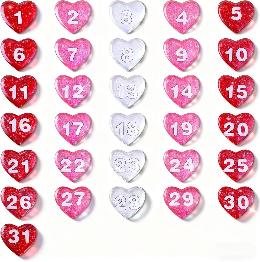 31 Pcs Valentines Heart Shaped Calendar Magnets Colorful Glass Magnets Numbers for Schedule Dry Erase Whiteboard, Magnetic Whiteboard, Refrigerator(Delicate)