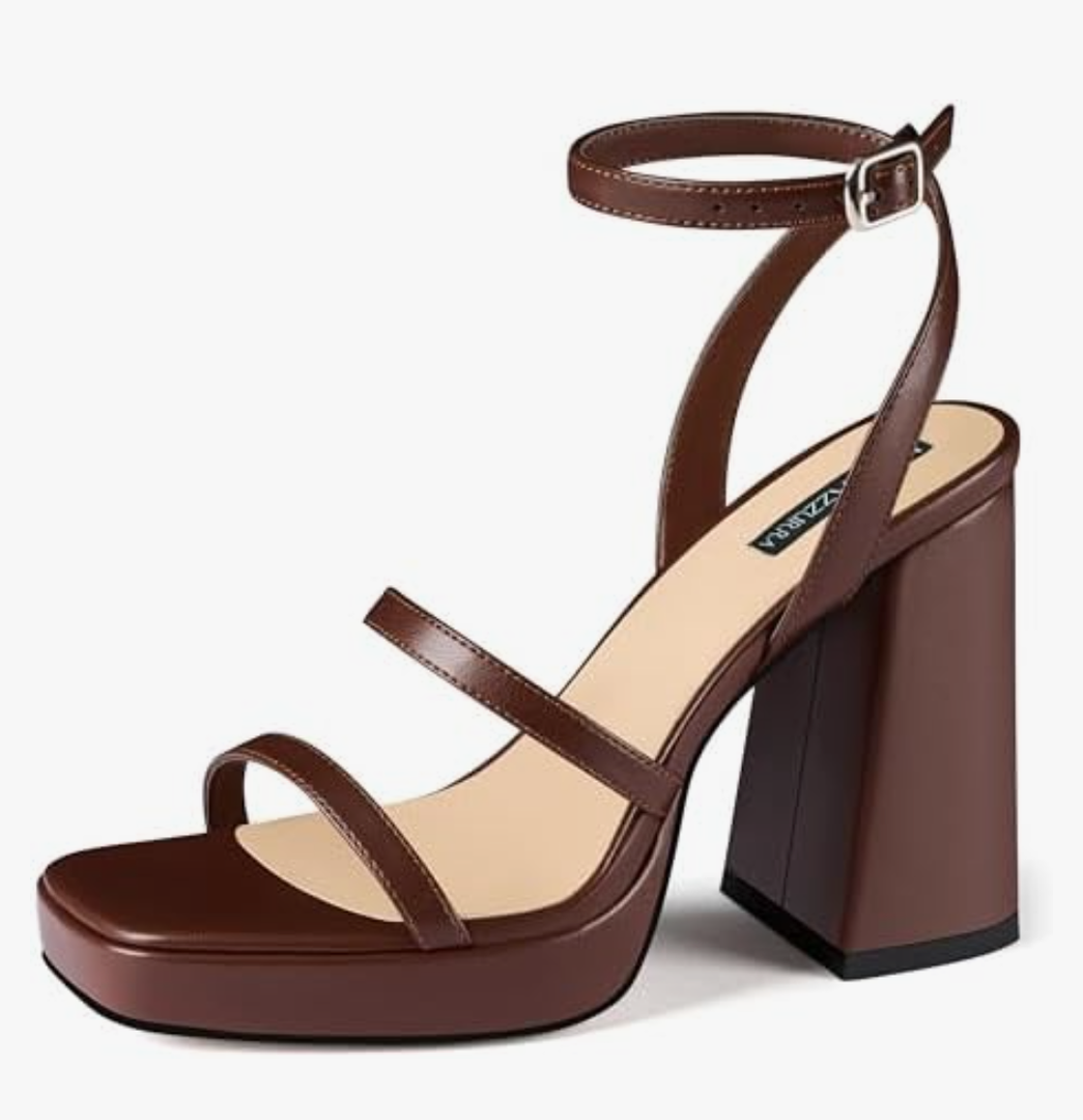 MIRAAZZURRA Platform Strappy Heel Sandals Square Open Toe Two Strap Chunky High Heeled Sandals with Buckle Ankle Strap for Women Party Wedding Dress, Size 7