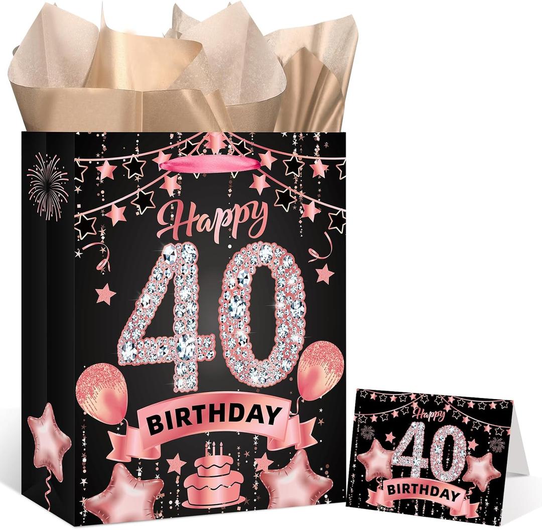 Rumia Rose Gold 40th Birthday Gift Bag with Happy 40th Birthday Greeting Card and Tissue Paper for Women Rose Gold 40 Years Old Gift Wrap Bag for Christmas 40 Bday Party Decorations Supplies