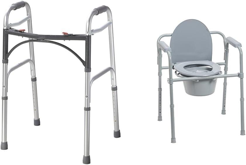 Drive Medical Deluxe 2-Button Folding Walker, Lightweight Walkers for Seniors and Adults & 11148-1 Folding Steel Bedside Commode Chair, Portable Toilet