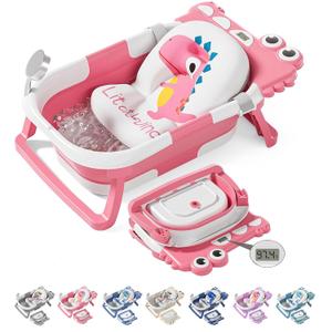 TPN Collapsible Baby Bathtub, Baby Bath Tub with Soft Cushion & Real-Time Thermometer, Baby Bathtub Infant to Toddler Tub (0-36 Months), Portable Newborn Travel Bath tub,  Alligator Shape, PINK