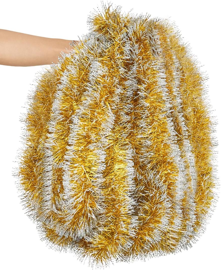 Lush Christmas Tinsel Garland, Gold & White Radiant Metallic Twist Streamers for Holiday Decor, Plush & Full Xmas Tree Garland for an Elegant Festive Atmosphere, Indoor & Outdoor Party Supplies