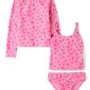 The Children's Place,Girls,Rashguard and Swimsuit Set,Neon Pink 3-Piece,Large