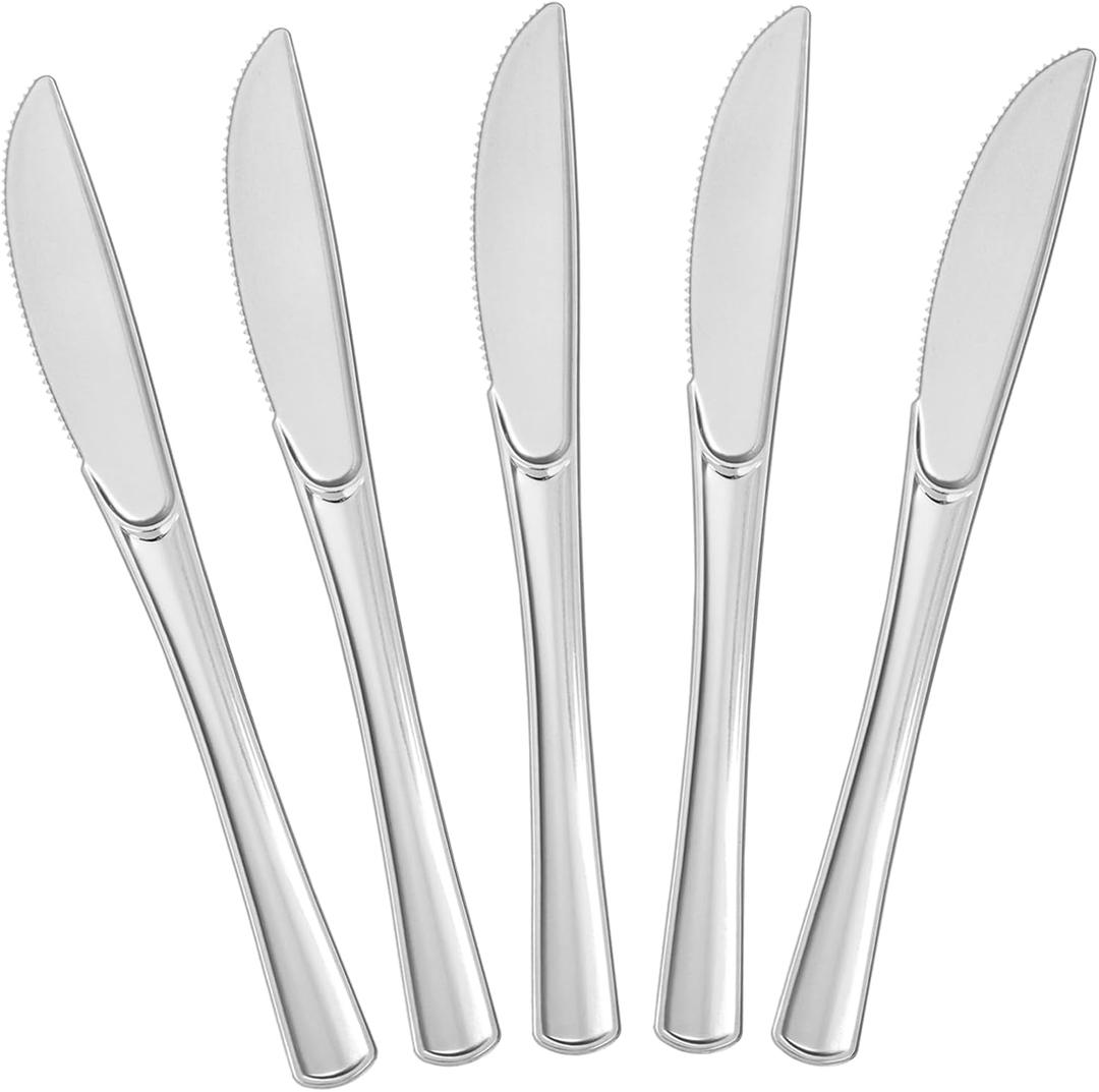 BESTVIP 100 Count Silver Plastic Knives, Solid and Durable Plastic Knives Disposable, Heavy Duty Look Like Real Cutlery, Utensils Perfect for Parties, Weddings, Christmas, Special Occasions