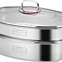 Eglaf 2-Tier Stainless Steel Fish Steamer - Multi-Use Square Steaming Cookware with Rack, Ceramic Plate, Chuck, Oven Mitts - Stockpot for Steaming Fish, Boiling Soup