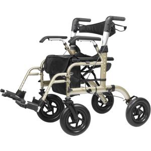 ELENKER All-Terrain 2 in 1 Rollator Walker & Transport Chair, Folding Wheelchair with All 10 Wheels for Seniors, Reversible Backrest & Detachable Footrests, Champagne