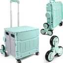 Foldable Utility Cart with 8 Wheels, Collapsible Rolling Cart with Telescoping Handle & Lid, Portable Organizer Crate for Shopping, Teachers, Office, Travel, Books, Snacks, Stairs (Green)