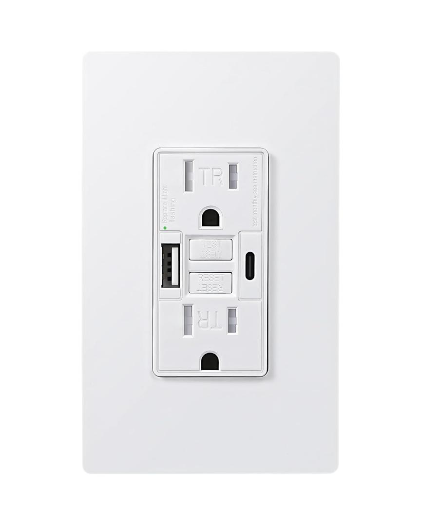 DEWENWILS 15A GFCI Outlet with 4.8A/24W USB-A & USB-C Ports, 30S Self-Test GFCI Electrical Outlet with Indicator Light, Tamper-Resistant Receptacle, Screwless Wall Plate, Clamping Plate, ETL Listed