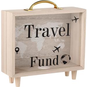 Vesici Travel Fund Box Vacation Decorative Savings Box Suitcase Wooden Money Coin Bank for Adults Vacation Wedding, 8 x 7.3 x 2.8 Inch(Travel Fund)