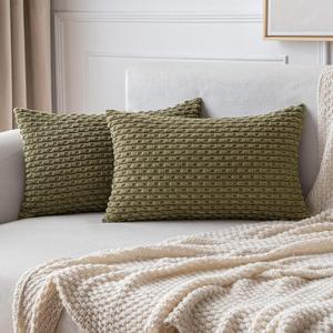 MIULEE Throw Pillow Covers Soft Corduroy Decorative Set of 2 Boho Striped Pillow Covers Pillowcases Farmhouse Home Decor for Couch Bed Sofa Living Room 12x20 Inch Olive Green