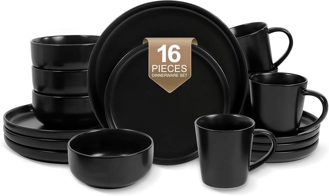 EWFEN 15-Piece Ceramic Dinnerware Sets with Mugs for 4, Black Plates and Bowls Set with Classic Design, Scratch Resistant Dishes Set, Dishwasher & Microwave Safe