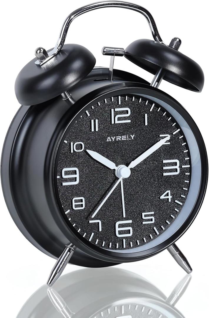 AYRELY Super Loud Twin Bell Alarm Clock for Heavy Sleepers Adults, 4-Inch Retro Silent Non-Ticking with Night-Light, 3D Raised Number Dial, Battery Operated for Bedroom Bedside(3D Dial  Black)