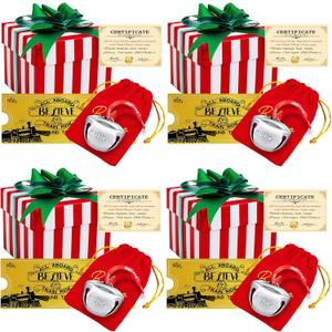 4 Sets Christmas Polar Express 2Inch Believe Bells Santa Sleigh Bell Gifts Bulk Christmas Ornament Train Ticket with Tags Red Velvet Bag Christmas Movie Party Favors for Xmas Party Tree Decorations