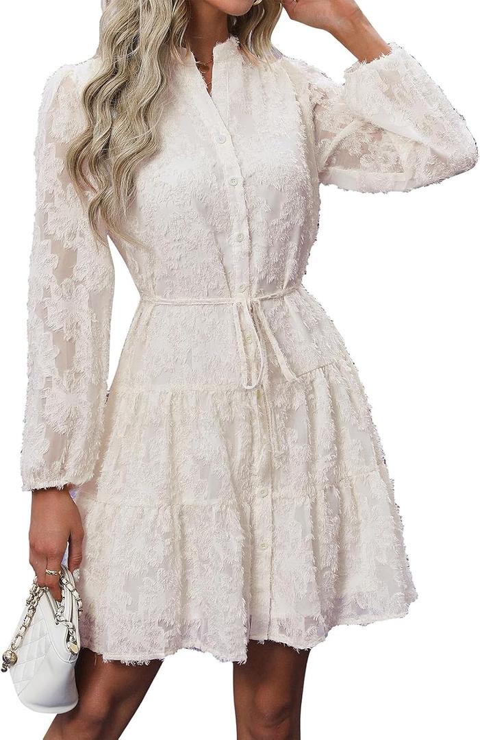 Womens Long Sleeve Fall Dresses 2024 Button Up Empire Waist with Belt A-Line Mini Dress Casual Fall Winter Dress