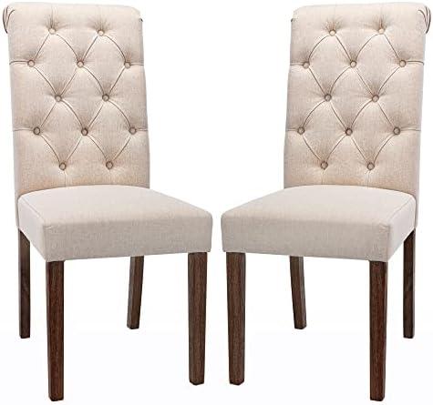 COLAMY Tufted Upholstered Dining Chairs Set of 2, Accent Parsons Chairs with Solid Wood Legs and Padded Seat, Beige