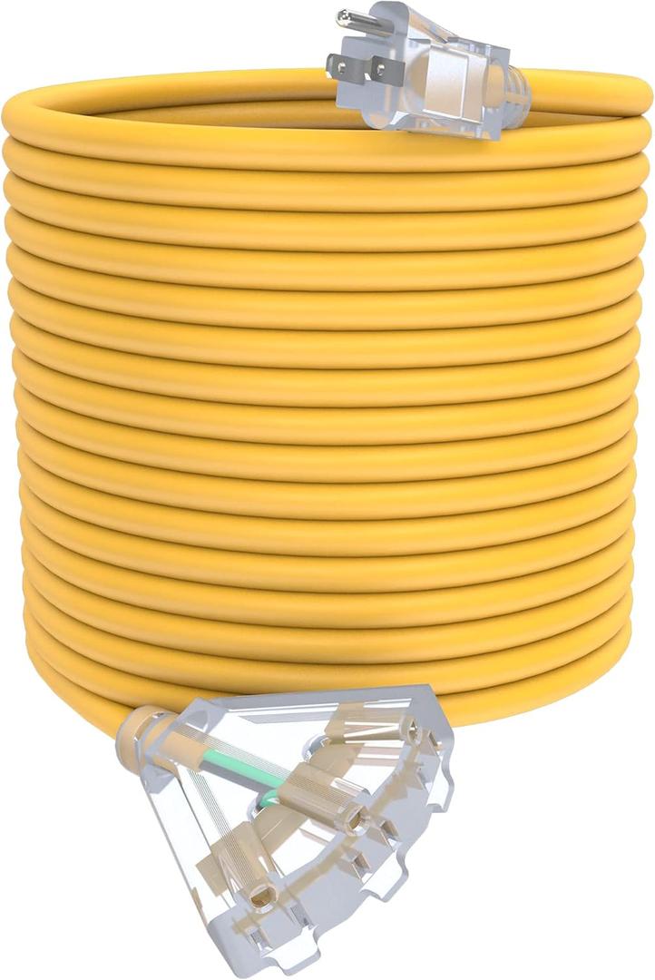 100Ft 12/3 Outdoor Extension Cord with 3-Outlets, Heavy Duty 12 Gauge 3 Prong Extension Cord Waterproof with Lighted end, 15A 12AWG 1875W SJTW, ETL Listed - Great for Garage, Garden and Home, Yellow (100FT, Yellow)