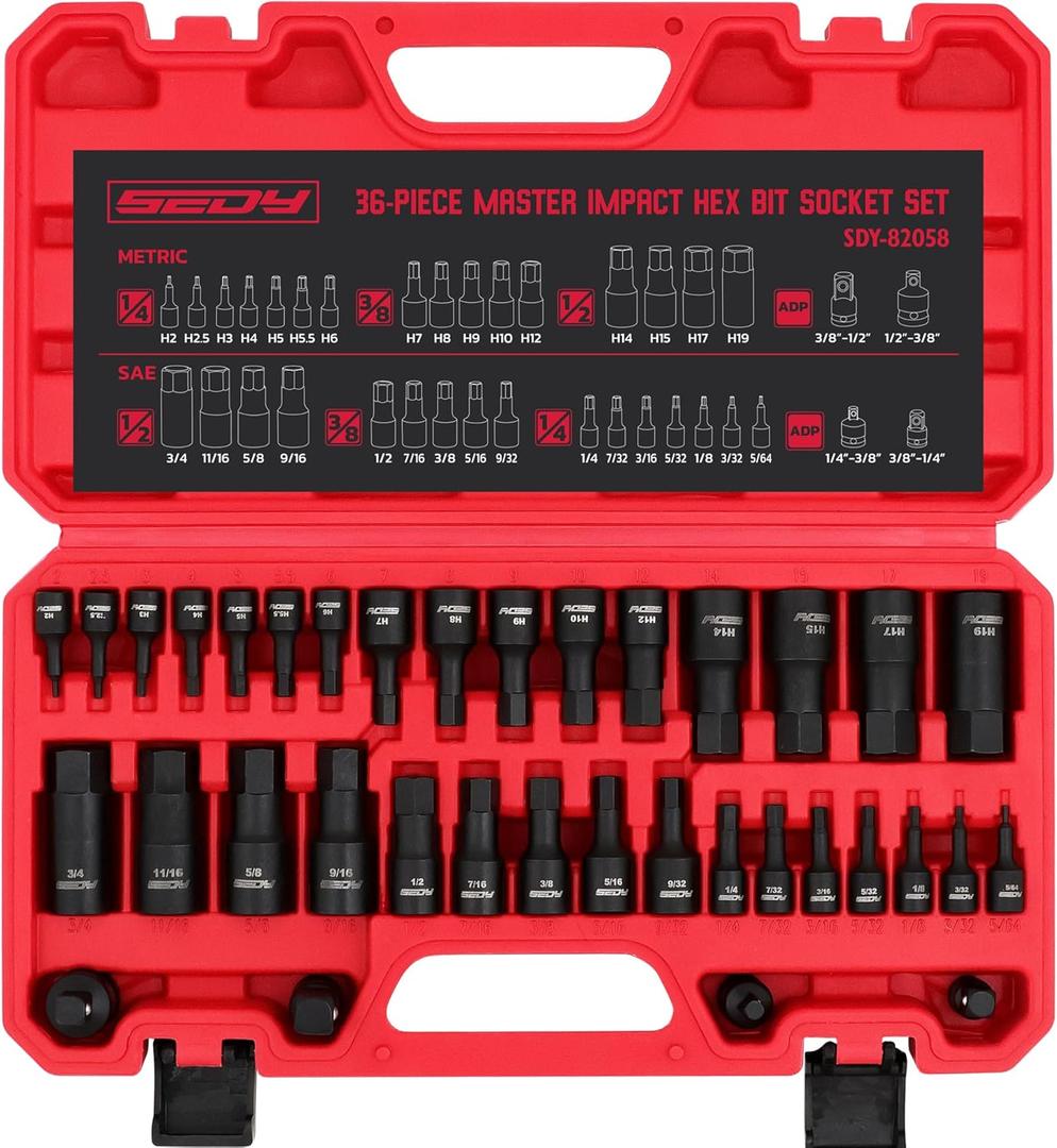 Hex Bit Impact Socket Set: 36-Piece with 4 Adapters, 1/4" 3/8" 1/2" Drive Master Allen Impact Socket Set, SAE and Metric, H5-H19 & 3/4"-5/64", Heavy Duty Storage Case, Automotive Mechanic
