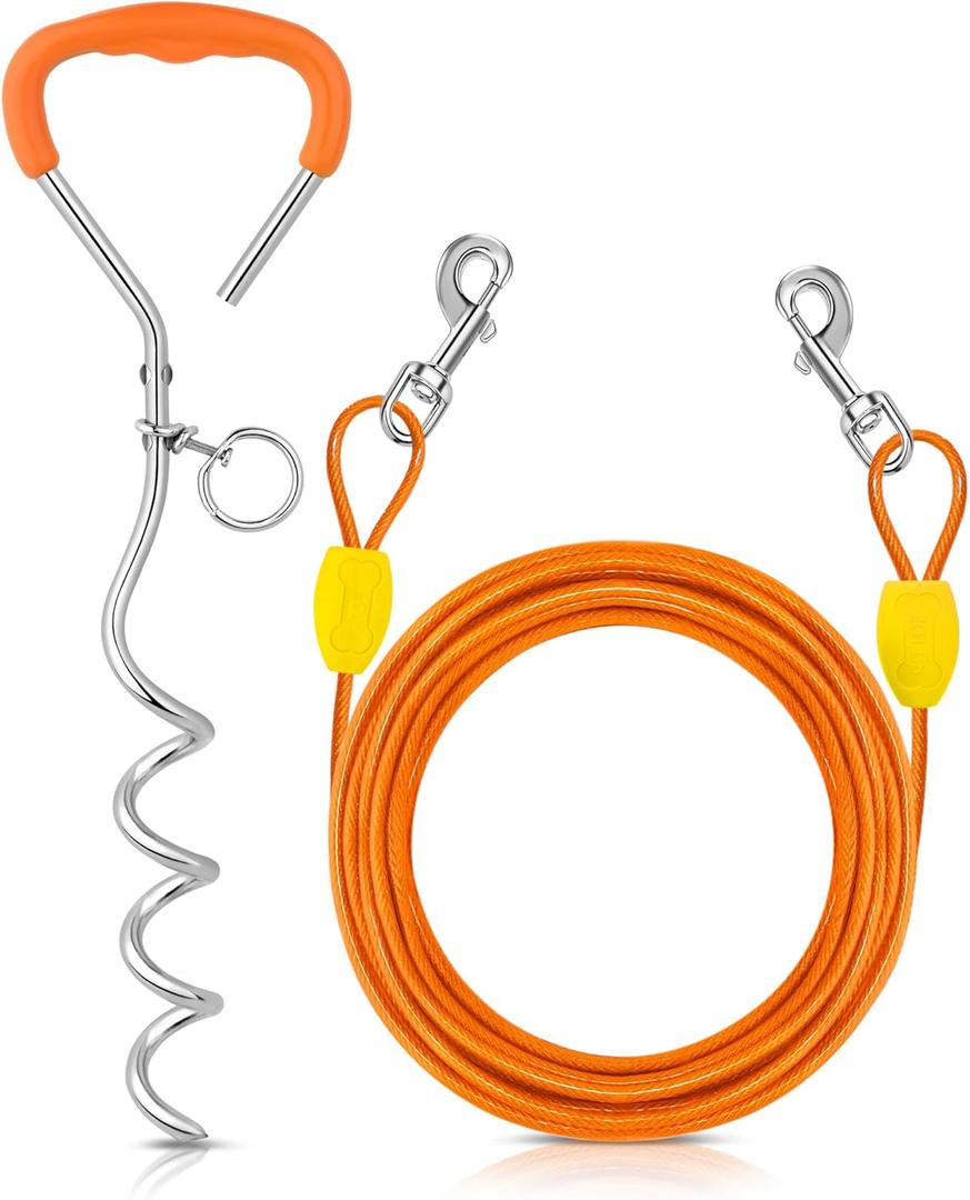Petbobi Dog Tie-Out Cable and Stake - 15ft Heavy Duty Cable, No Tangle, 16in Ground Stake, Ideal for Yard, Camping and Beach, Suitable for Small Medium Large Dogs Up to 20 lbs, Orange
