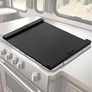 Maxdot Rv Stove Top Cover Board Wood Noodle Board Camper Stove Top Cover Countertop Cutting with 5 Pcs Adjustable Non-slip Rubber Feet Leg Juice Groove for Trailer Gas Burner Kitchen(Black)