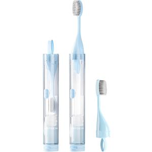 Folding Travel Toothbrush Set, Foldable Travel Toothbrush Kit with 2 Soft Brush Heads, Traveling Size Tooth Brush with Built-in Toothpaste Container for Hiking, Camping, On The Go (Blue)