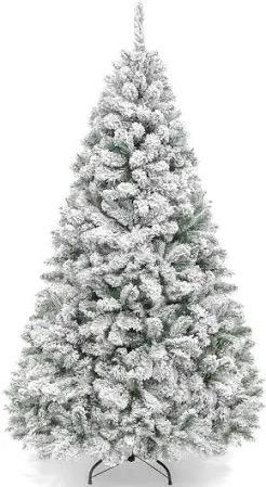 7 ft Snow Flocked Christmas Tree, Premium Holiday Pine Branches, Foldable Metal Base