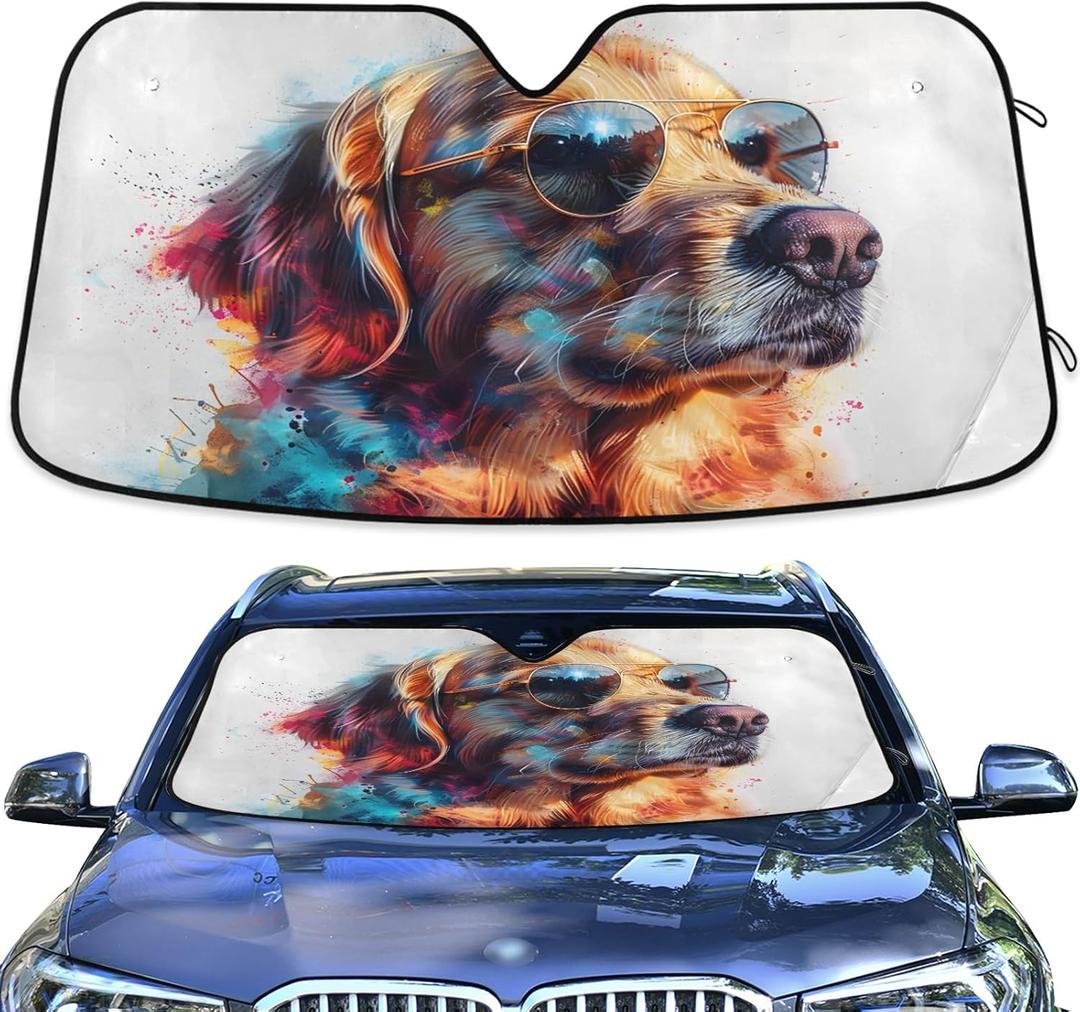 ALAZA Car Sun Shade Golden Retriever Dog Wearing Sunglasses Windshield Sunshade Protector for Small Car SUV Front Window (Multicolor)