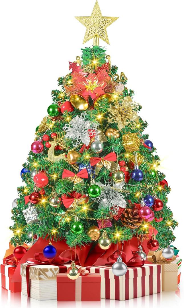 2FT Mini Christmas Tree, Small Tabletop Christmas Trees with 60 LED Lights, 24 Inches Prelit Christmas Tree with 100 Lifelike Branches and 80 DIY Ornaments, Xmas Table Decor for Home Indoor (Pine Green)