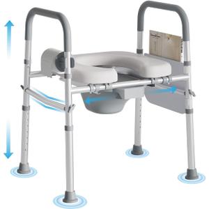 Bedside Commode for Seniors, FSA/HSA Eligible Bedside Toilet with Adjustable Width and Height, 400 LBS Weight Capacity, 16.5 Inch Extra Large Soft Seat Plate (Grey)