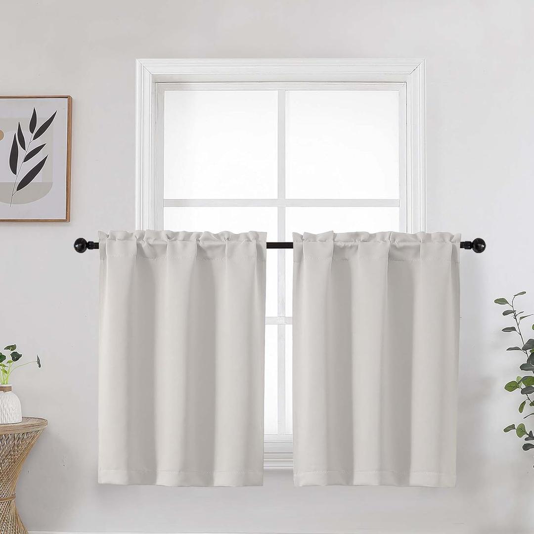 Natural Kitchen Curtains 30 Inch Length Tier 2 Panels, Soft Solid Light Filtering Thermal Insulated Small Window Curtains for Bathroom Basement, Natural, 2PCS Each 30" Wx30 L