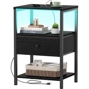 BOLUO Black Nightstand with Charging Station, LED Night Stand with Fabric Drawers and Shelf, Bedside Table with USB Ports and Outlets, Bedroom Nightstand Modern