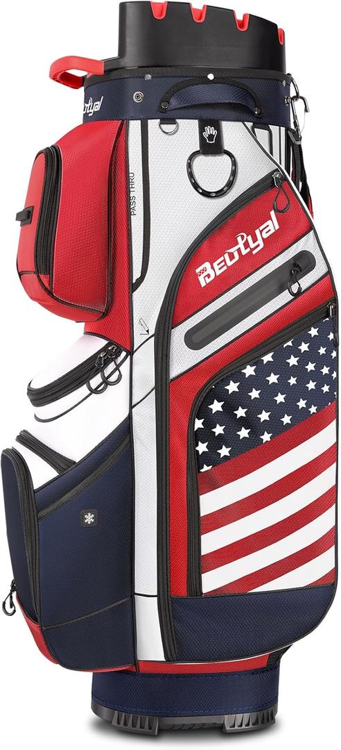 14 Way Golf Cart Bag with T Lock Top & Full Length Dividers, USA Flag Men's Golf Club Cart Bag Premium Cart Golf Bag with Cooler and Rain Cover