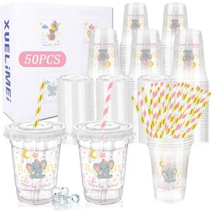 Baby Shower Party 12 oz Disposable Plastic Cup with Lids Elephant Cups Baby Shower Table Decorations Baby Shower Party Disposable Clear Plastic Cups for Party Favors (50, Pink)