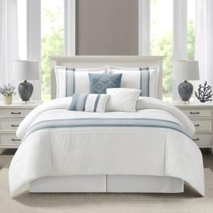 Stratford Park 7 Piece Striped Blue Comforter Set, King Size Microfiber Bedding, All Season Polyester Bedding Set, Matching Bed Skirt, Pillows & Shams
