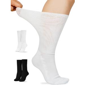 Artdear Diabetic Socks for Men & Women - 2 Pairs Non Binding Extra Wide Crew Socks for Swollen Feet Seamless Toe Loose Fit (Black & White, X-Large)