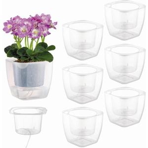 Pack of 6 Clear Self Watering Planters for Indoor Plants 7" Large African Violet Plant Pots Plastic Wick Flower Pots with Water Injection Hole, Orchid Plant Pot Set, Clear