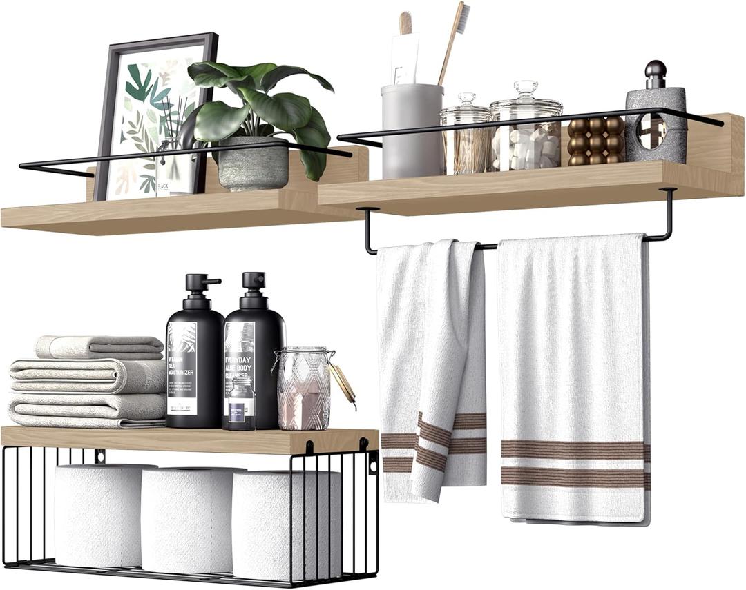 Bathroom Shelves Over Toilet for Wall, Floating Shelves with Storage Basket Paper Holer for Kitchen Living Room, Bedroom & Classroom, Set of 3 (Nature Wood) (15.7")