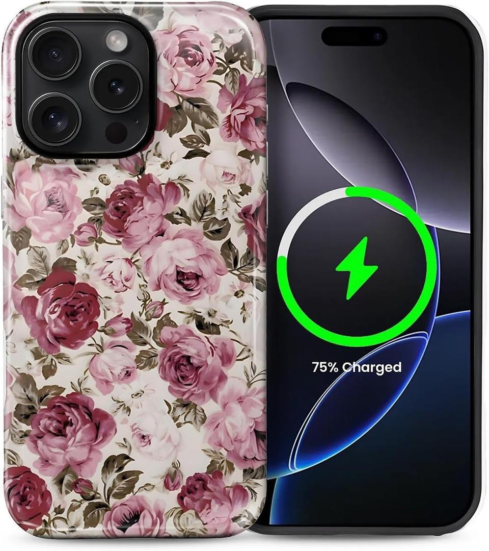 Magnetic Phone Case for iPhone 15 Pro Max,Compatible with MagSafe,Durable 2 Layers Full Covered Shockproof Protective Cover-Love Story Pink Rose
