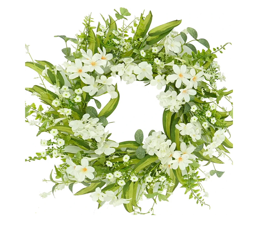 20" Spring Wreath Summer Wreath with White Cherry Blossoms Hydrangea Flowers and Wild Flowers Mixed Green Eucalyptus Fern Leaves for Front Door Home Outdoor Decoration