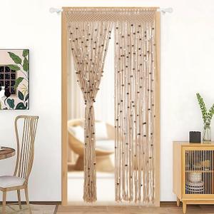 BECHAEO Macrame Beaded Curtain Boho Handmade Cotton Door String Curtain for Doorway Window Wooden Beads Hanging Hippie Room Divider Closet Bedroom Privacy Decor, 1 Panel 79" x 35"