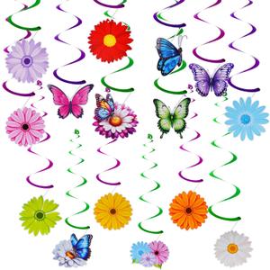 Spring Flower Party Decorations Colorful Daisy Butterfly Hanging Swirls Sun Flower Ceiling Swirl Foil Decorations Hanging Plastic Streamer for Spring Easter Birthday Party Decorations