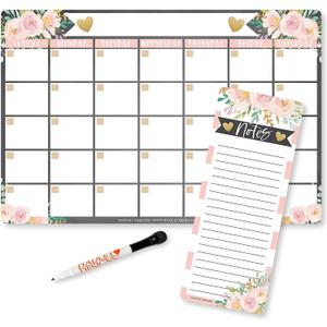 Hadley Designs - Floral Magnetic Fridge Dry Erase Magnetic Calendar for Refrigerator, White Board Calendar for Wall, Dry Erase Board, Notepad