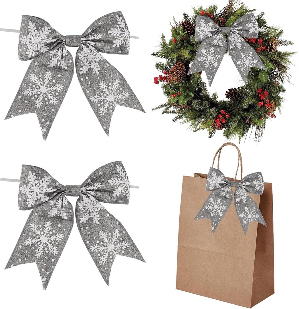 AIMUDI Silver Christmas Bows for Wreaths 6" Xmas Snowflake Bows Burlap Bow for Christmas Trees Twist Tie Bows for Gift Wrapping Crafts Fireplaces Presents Winter New Year Decor, 12 PCs